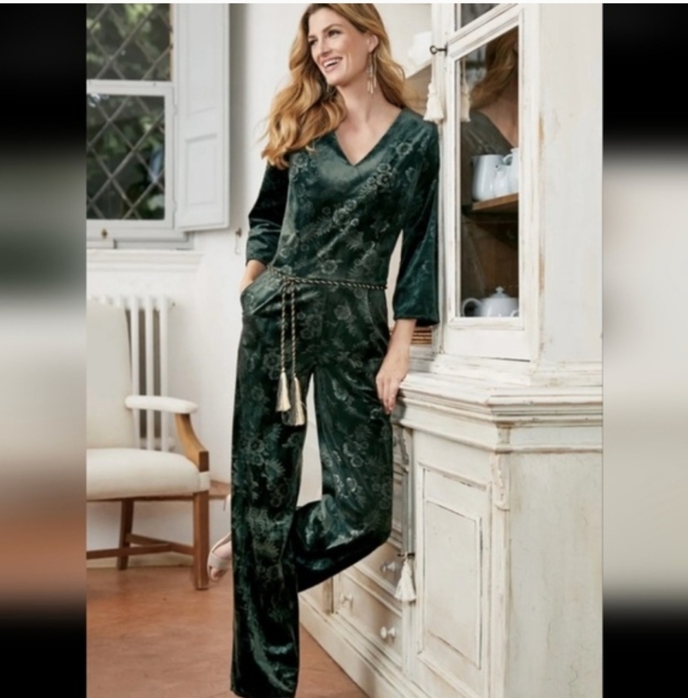 Soft Surroundings Leelah Velvet Jumpsuit Tall Med Floral Embossed Rich Green
